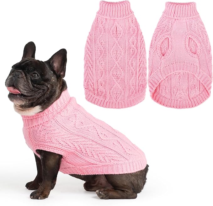 PUPTECK Dog Sweater, Turtleneck Warm Knitted Pullover Coat, Thick Cable Knitwear Clothes in Winter, Pet Apparel Outfits for Small Medium Dogs, for Cold Weather Indoor & Outdoor, Pink SM