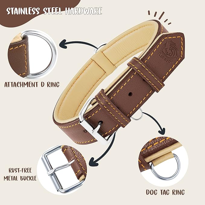 Riparo Brown Leather Dog Collar - Heavy Duty Wide Dog Collar for Small, Medium, Large and Extra Large Dogs with Dog Tag Holder (L: 1.5" Wide for 17"-21" Neck, Brown)