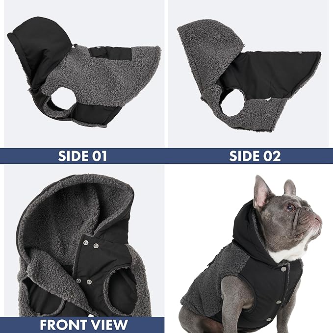 Spark Paws Reversible Dog Sweater, Sherpa Vest with Warm Fleece Lining, Warm Coat for Winter, Suitable for Small Medium, Large, XL XXL Dogs - Black and Grey - L