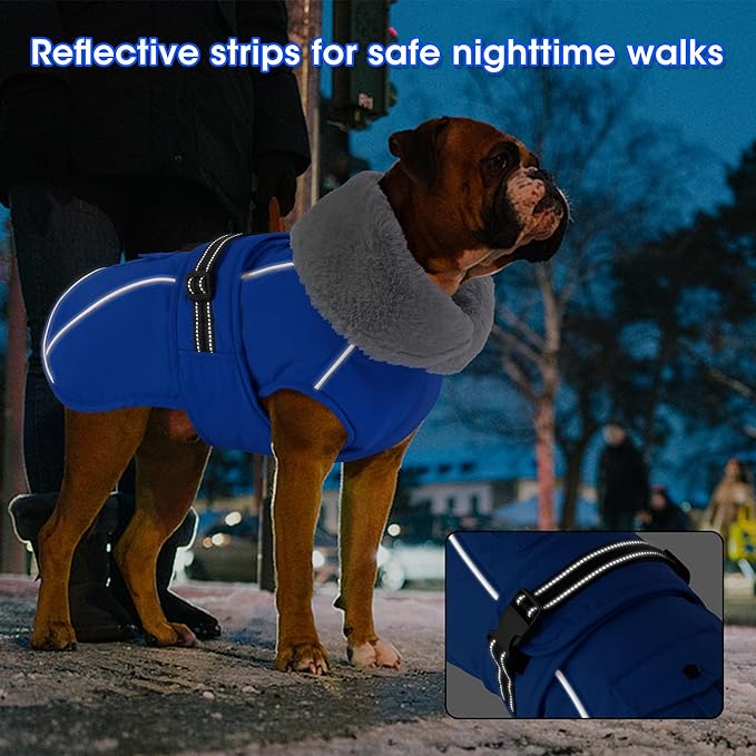 Dogcheer Dog Coat with Pocket, Waterproof Dog Jacket with Adjustable Buckle, Reflective Puppy Winter Coat Warm Turtleneck Fleece SnowJacket for Small Medium Large Dogs - Blue 2XL