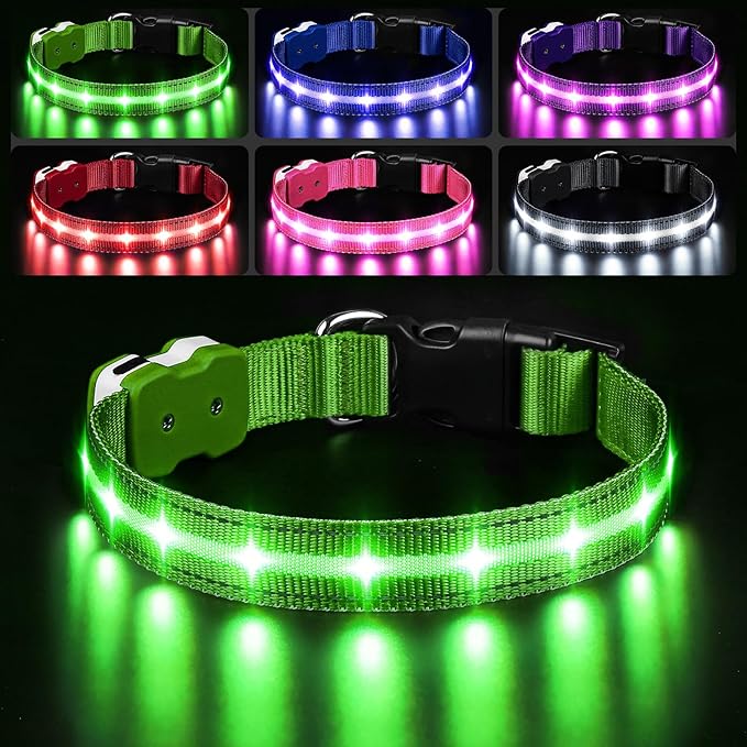 PcEoTllar Light Up Dog Collars, Led Dog Collar, Rechargeable, Night Walking, Waterproof, Glow in The Dark Dog Collars Light for Large Small Medium Dogs, Green l
