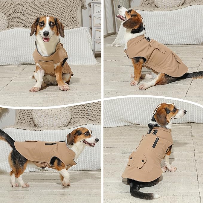 Workwear Style Dog Coats with Harness Built in for Small Dogs Windproof Warm Puppy Jacket with Storage Pockets for Cold Winter,LightBeige XXL