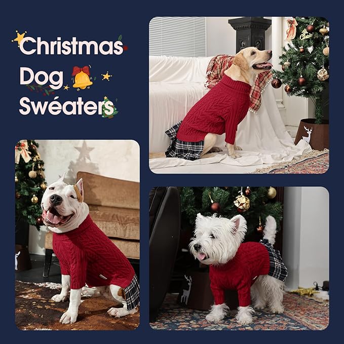 IECOii Girl Dog Sweater Dress - Cable Knit Dog Sweater for Medium Dogs Girl, Red,Large - Turtleneck Winter Sweaters with Leash Hole, Soft & Stretchy Adorable Dress for Thanksgiving Christmas Photo