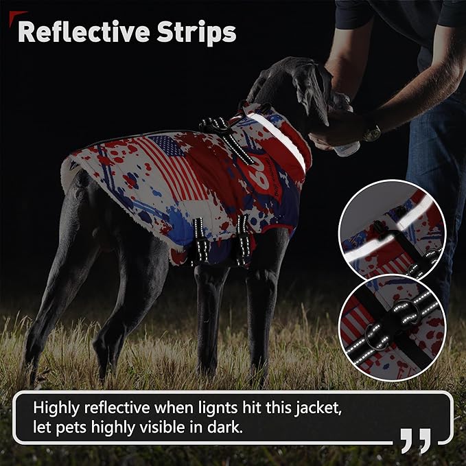 Dogcheer Dog Winter Coat, American Flag Dog Jacket with Harness, Adjustable Puppy Coat with Zipper, Waterproof Pet Fleece Jacket Snowsuit for Small Medium Large Dogs - US Flag M