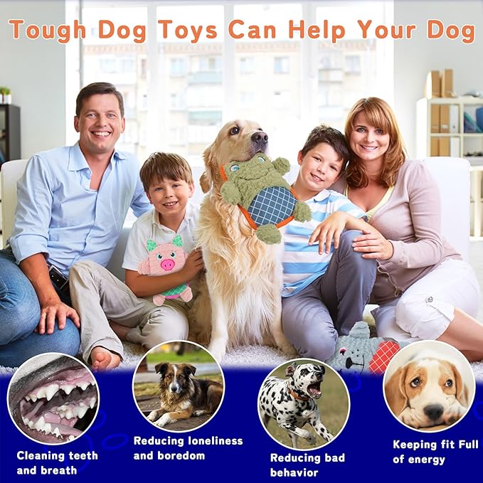 Crinkle Dog Toys Squeaky Plush No Stuffing Cute Puppy Stuffless Tough Rop Pull Toy, Fun Dog Stuffed Animals Durable Chew Set for Small Medium Large Pup (Large, Pink Pig+Green Frog+Blue Dog)