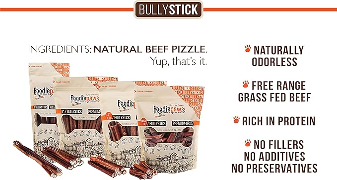 FOODIEPAWS All Natural 6 Inch Mega Bully Sticks, Odor Free | Grass-Fed Beef | Single Ingredient & Rawhide-Free | Long Lasting Dental Dog Chews | Packed in USA | for Medium & Large Dogs, 15 Pack