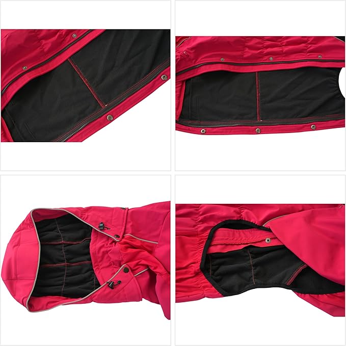 LOVELONGLONG Fleece-Lined Dog Raincoat with Removable Hood – Waterproof Winter Full Body Dog Jacket – Windproof Snowproof Cold-Weather Suit – Red-F 4XL