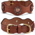 | Genuine Leather Scalloped Edges Vintage Dog Collar | Full Grain, Heavy Duty | Comfortable, Strong | Best for Medium, Large & XL Breeds (XL (Fit Neck Size 22"-26"), Brown-Scalloped Edges)