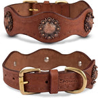 | Genuine Leather Scalloped Edges Vintage Dog Collar | Full Grain, Heavy Duty | Comfortable, Strong | Best for Medium, Large & XL Breeds (XL (Fit Neck Size 22"-26"), Brown-Scalloped Edges)