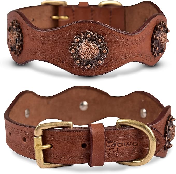 Leather Collar with Scalloped Edges for Medium Dogs | Genuine, Hand Tooled, Hand Carved, Full Grain, Heavy Duty, Comfortable (Medium (Fit Neck Size 14.5"-18.5"), Brown-Scalloped Edges)