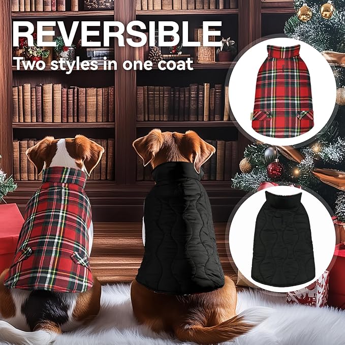 VIVAGLORY Softjoy Dog Coat, Dog Jacket for Winter & Christmas, Coat with Harness Hole & Velcro Closure, Reversible Plaid Checkered Warm Fluffy Heavy Duty for Puppy, S, Red