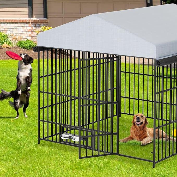 6.6 x 6.6 x 6.4 ft Outdoor Dog Kennels - Outside Dog Run Kennel with Waterproof Roof, Heavy Duty Outdoor Dog Enclosure with Rotating Feeding Bowls