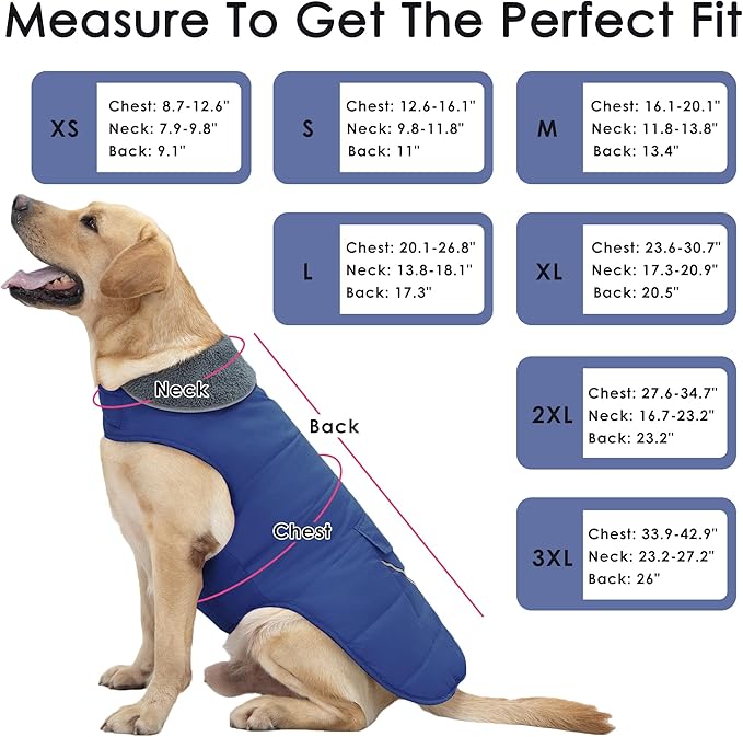 Dog Coat, Waterproof Dog Winter Jacket with Pocket, Reflective Adjustable Pet Snow Vest, Warm Cozy Fleece Sweater for Small Medium Extra Large Dogs - Blue, XS