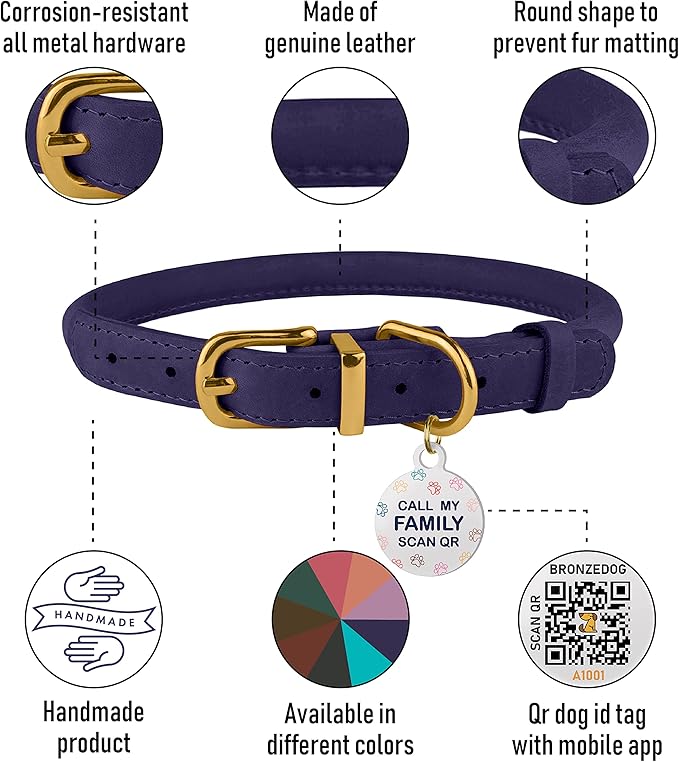BronzeDog Rolled Leather Dog Collar with QR ID Tag, Adjustable Soft Round Collars for Small Medium Large Dogs Puppy (7" - 10" Neck Size, Violet)