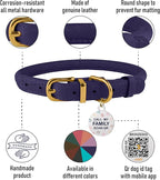 BronzeDog Rolled Leather Dog Collar with QR ID Tag, Adjustable Soft Round Collars for Small Medium Large Dogs Puppy (7" - 10" Neck Size, Violet)