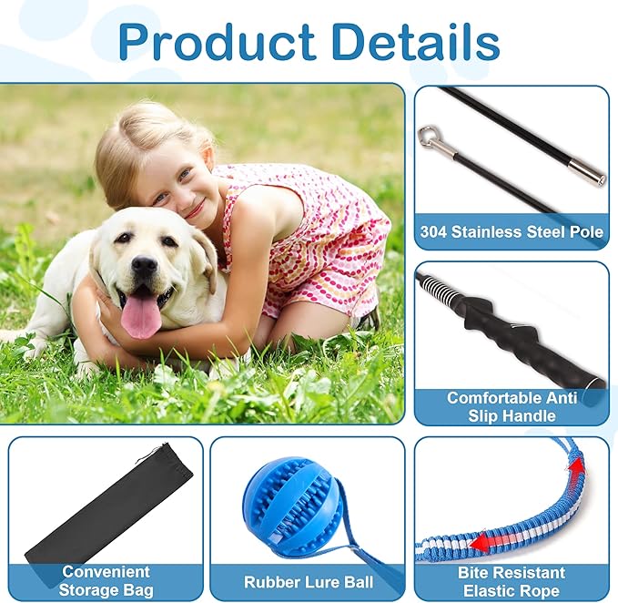 Flirt Pole for Dogs Interactive Dog Pole Toy for Large Medium Small Dogs, Sports Dog Teaser Pole for Tug of War, Flirt Pole with Lure Ball (Standard Pole + Tensile Rope)