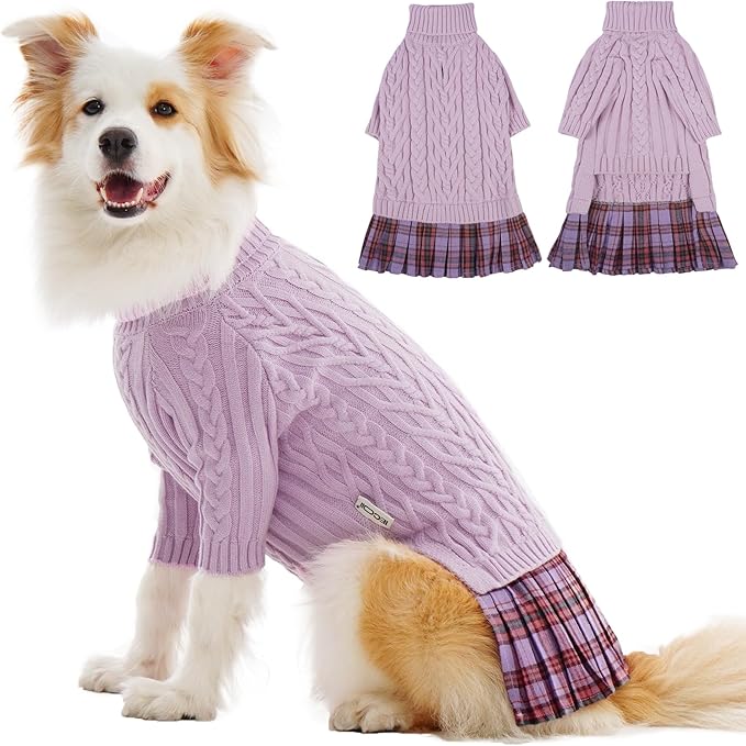 IECOii XL Dog Sweater Dress for Large Dogs Girl, Cable Knit Winter Dress for Female Dogs, Purple,XLarge, Soft Girl Dog Sweater with Tartan Plaid Skirt Cute Turtleneck Knitwear for Cold Weather