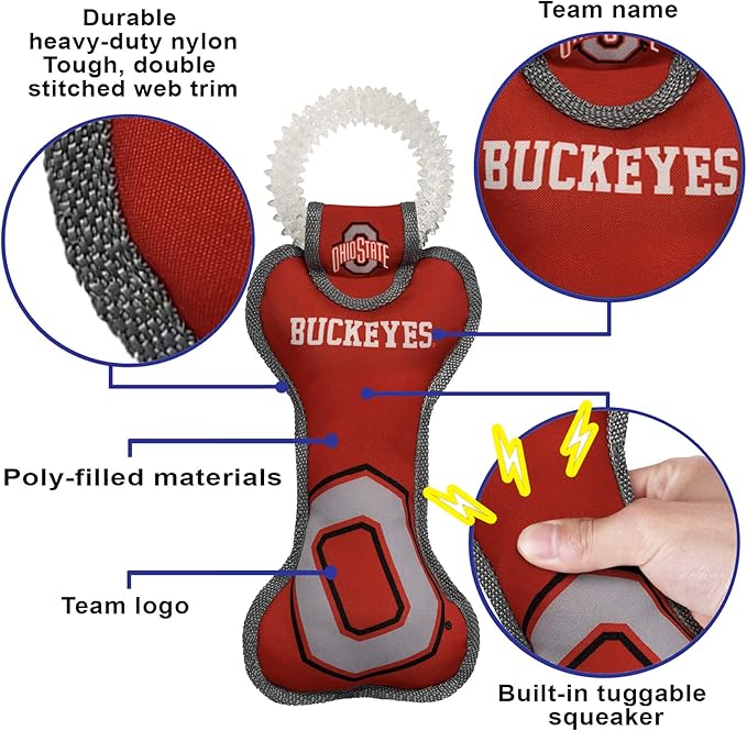 Pets First NCAA Ohio State Buckeyes Dental Dog TUG Toy with Squeaker. Tough PET Toy for Healthy Fun, Teething & Cleaning Pets Teeth & Gum
