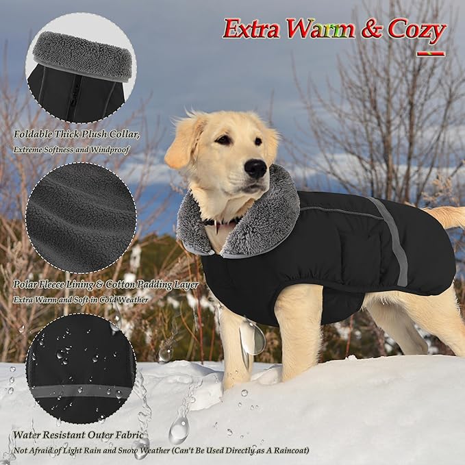 Dogcheer Warm Dog Coat, Waterproof Dog Jacket Christmas Puppy Winter Coat with Buckle, Reflective Adjustable Pet Snow Jacket Turtleneck Fleece Sweater for Small Medium Large Dogs - Black, L