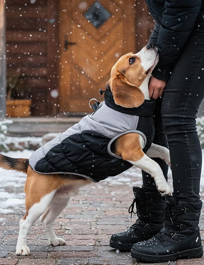 AURUZA Dog Coat, Warm Dog Winter Coat Waterproof Small Dogs Jacket with Harness Built Reflective Pet Vest with Zipper for Medium Dogs Windproof Pet Fleece Vest Snow Jacket for Cold Weather（Black,XL）