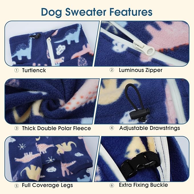 ROZKITCH Dog Winter Coat Soft Fleece Dog Pajamas, Pet Windproof Warm Cold Weather Jacket Vest with Reflective Zipper, Jumpsuit Apparel Outfit Clothes for Medium Dog Dinosaur S