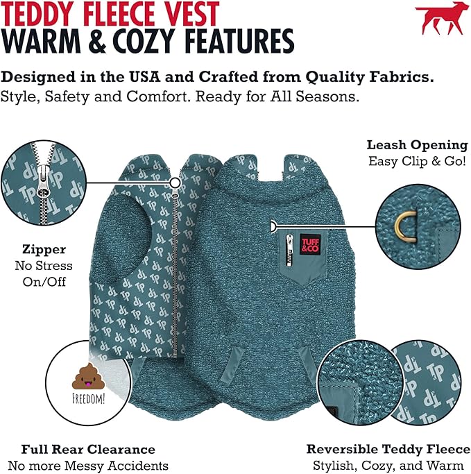 Tuff Pupper Reversible Fleece Sweater Vest for Dogs | Lightweight Comfortable Insulated Jacket | Front Zip Closure | Machine Washable | Built-in Leash Hole | Sizes for All Breeds (XL, Teal)