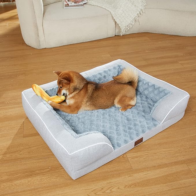 Orthopedic XXL Dog Beds, Waterproof Memory Foam Big Pet Bed for Extra Large Sized Dogs 53x42Inch, Non-Slip Bottom and Egg-Crate Foam Dog Couch Bed with Washable Removable Cover, Light Grey