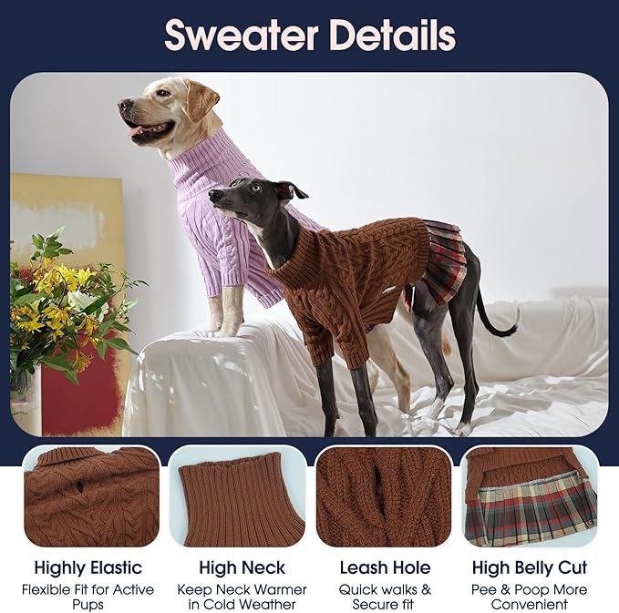 IECOii Big Girl Dog Sweater Dress, Cable Knit Sweater for Extra Large Dogs Girl, Caramel,4XL, Cute Dog Warm Dress for Fall Winter,Good Stretcy Fit Knitwear for Giant Breed Dogs Female Indoor & Outdoor