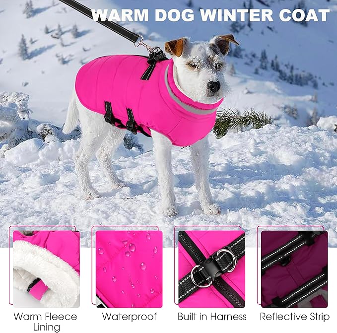 Large Dog Coat with Harness Built-in, Waterproof Reflective Fleece Lined - Warm Windproof Winter Jacket with Back Zipper, Cold Weather Snow Dog Coats - Pink - XL