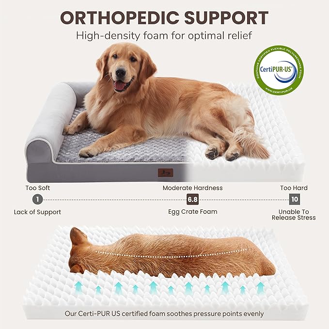 Orthopedic XL Dog Beds, Waterproof Pet Bed for Extra Large Dogs, Non-Slip Bottom and Egg-Crate Foam Large Pet Couch Sofa with Washable Removable Cover, Light Grey