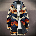 Mens Aztec Print Hoodie Heavyweight Cotton Fleece Jacket Zip Up Warm Long Sleeve Hooded Winter Midi Coat