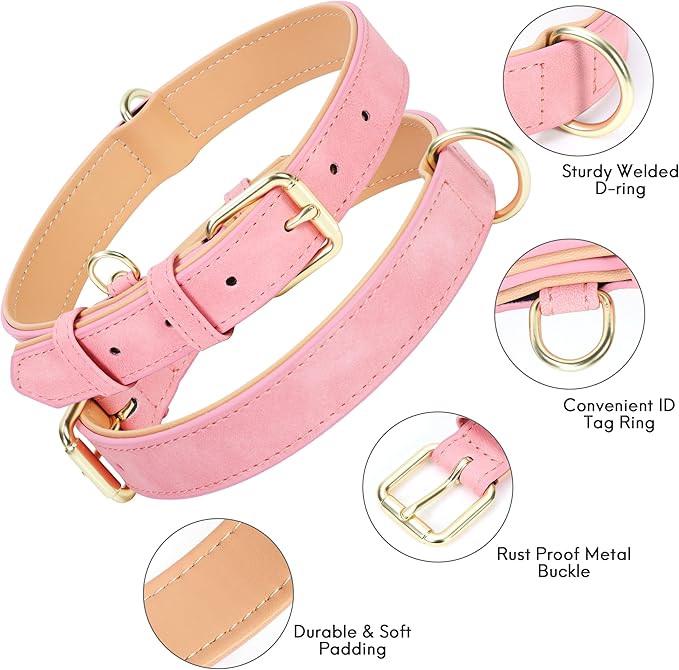 Leather Dog Collar for Small Medium Large Dogs, Soft Padded Dog Leather Collar with Heavy Duty Gold Buckle, Durable & Comfortable for Small Dogs Daily Walking (Pink, S)
