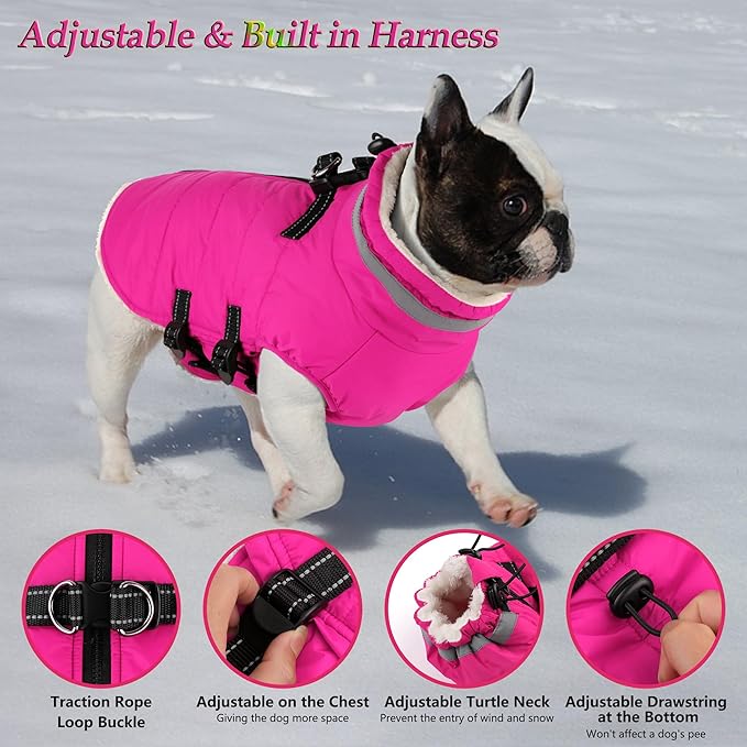 Dogcheer Dog Coat, Waterproof Dog Jacket with Harness, Reflective Adjustable Puppy Winter Coat with Zipper, Christmas Pet Snow Jacket Clothes for Small Medium Large Dogs - Pink L