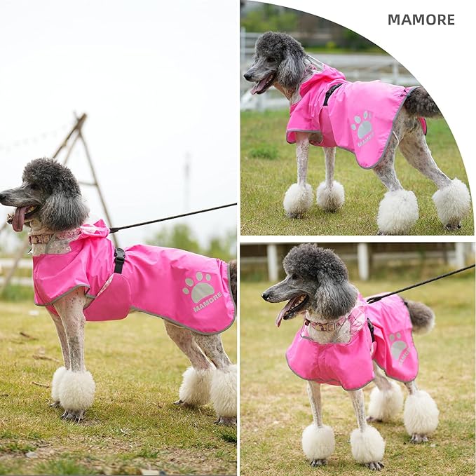 MAMORE Dog Raincoat Hooded Rain Jacket for Small Medium Large Dogs Slicker Poncho Bottom Waterproof Adjustable Reflective Breathable Leash Hole (Pink, Medium)