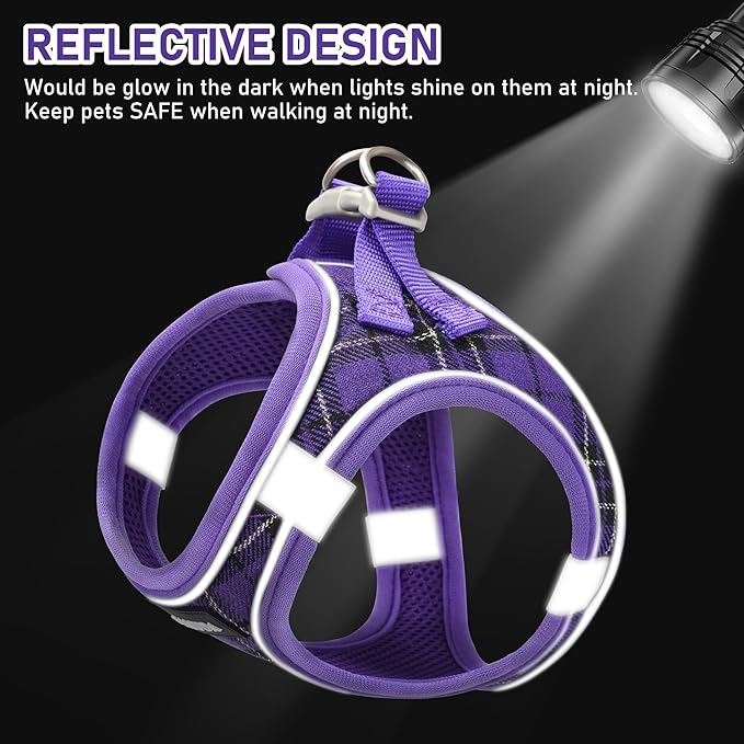 GAMUDA Small Dog Harness Collar and Leash Set, Step in No Chock No Pull Soft Mesh Adjustable Dog Vest Harnesses Plaid Reflective for Dogs Puppy Cats Kitten Rabbit (Purple, XL)