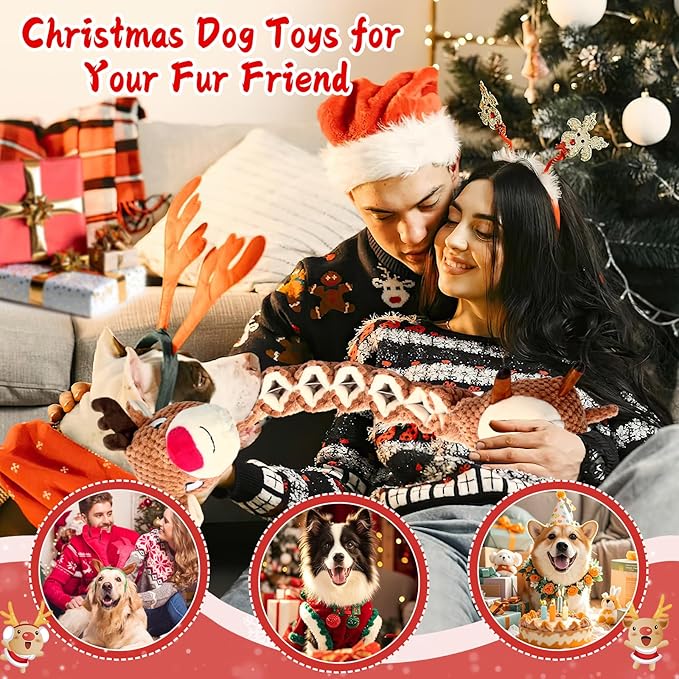 Christmas Dog Toys for Large Dogs：Squeaky Tug of War Interactive Dog Toys with Crinkled Paper-Plush Puppy Toys Keep Them Busy