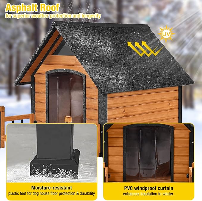 AIVITUVIN Heated Outdoor Dog House Insulated Liner with Anti-Chewing Iron Surround Dog Kennel Dog Shelter Weatherproof (Brown, 45" D x 32.9" W x 32.6" H)