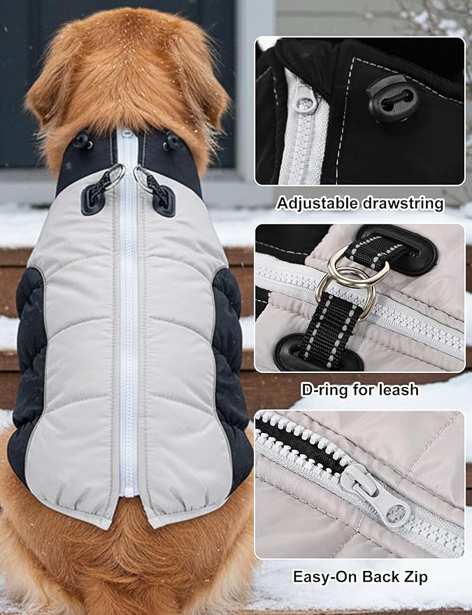 AURUZA Dog Coat, Warm Dog Winter Coat Waterproof Small Dogs Jacket with Harness Built Reflective Pet Vest with Zipper for Medium Dogs Windproof Pet Fleece Vest Snow Jacket for Cold Weather（Black,XL）