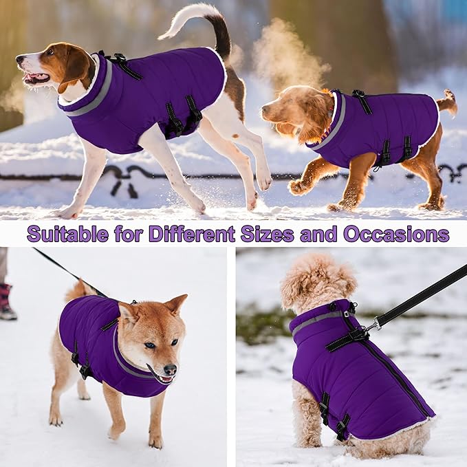 Dogcheer Dog Coat with Harness, Waterproof Dog Jacket Adjustable Pet Winter Coat with Zipper, Christmas Puppy Snow Jacket Fleece Sweater for Small Medium Large Dogs - Purple 3XL