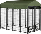 PawHut 8' x 4' x 6' Dog Kennel Outside, Welded Wire Outdoor Dog Kennel Run with 360° Rotating Bowls, Waterproof & UV Resistant Cover, for S&M&L Breeds, Chickens, Ducks, Green