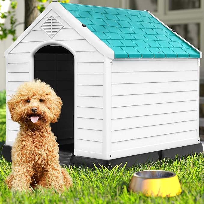 DWVO Plastic Dog House, Weatherproof Outdoor/Indoor Doghouse, Puppy Kennel with Air Vents and Elevated Floor