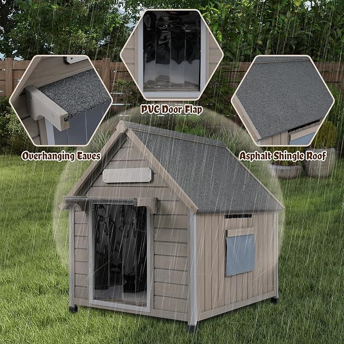 Outdoor Dog House Weatherproof, casa para Perros Wooden Medium-Large Breed with Anti-Chewing Iron Frame, Ventilated Window, Easy Clean and Assemble, 30.5" L x 37.4" W x39 H