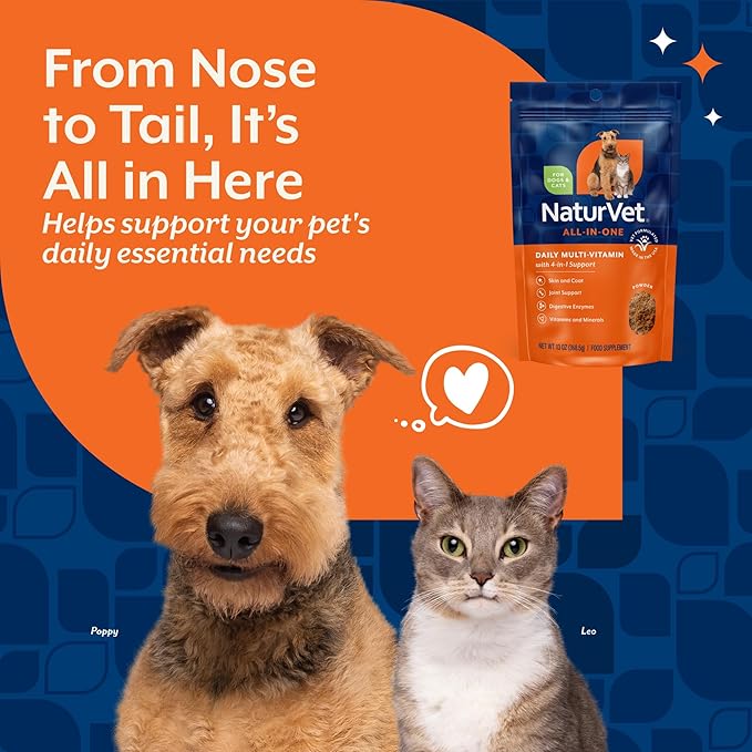 NaturVet All-in-One Dog Supplement - for Joint Support, Digestion, Skin, Coat Care – Dog Multivitamins with Minerals, Omega-3, 6, 9 – Wheat-Free Vitamins for Dogs – 13-Ounce Powder