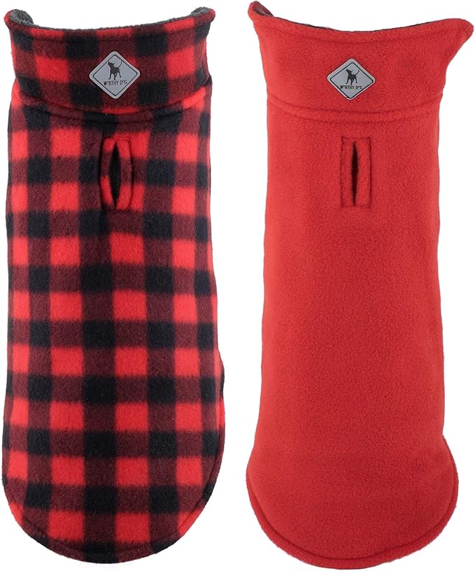 The Worthy Dog Fargo Fleece Buffalo Dog Jacket, Adjustable Reversible with Harness Hole, Wind-Resistant, Winter Outdoor Clothes for Pets, Red - 28''