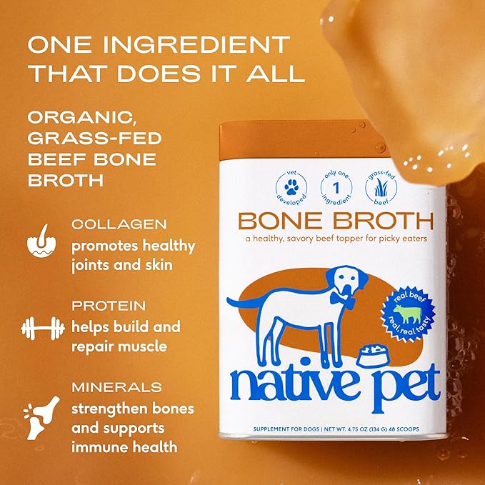 Native Pet Beef Bone Broth for Dogs (4.75 oz) & Organic Pumpkin for Dogs (8 oz.) - Dog Bone Broth Powder Food Topper for Picky Eater and All-Natural, Organic Fiber Pumpkin Powder