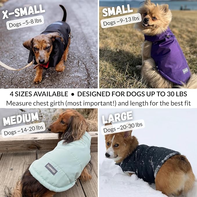 DJANGO Puffer Dog Coat – Warm Winter Dog Jacket & Water-Repellent Insulated Puffer Vest with Striped Lining, Harness Hole, Adjustable Fit for Small & Medium Dogs, Dachshunds – Rose Petal Pink, Large