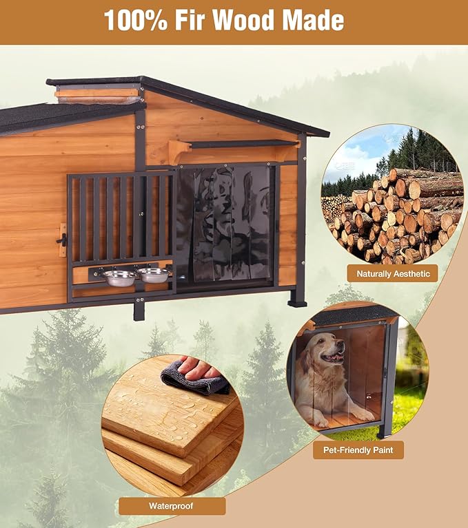 GUTINNEEN Extra Large Heated Dog House Outdoor with Chew-Proof Iron Frame, Waterproof Dog Kennel with Smart Heating Pad, 360° Rotating Feeding Bowl, for Large Dog Breeds