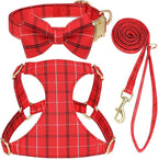 Beirui Cute Extra Small Dog Harness Collar and Leash Set with Bowtie, Soft Adjustable Plaid Puppy Harness for Small Sized Dogs Cats Walks Parties and Photoshoots(Red,XS:Chest 13-18")