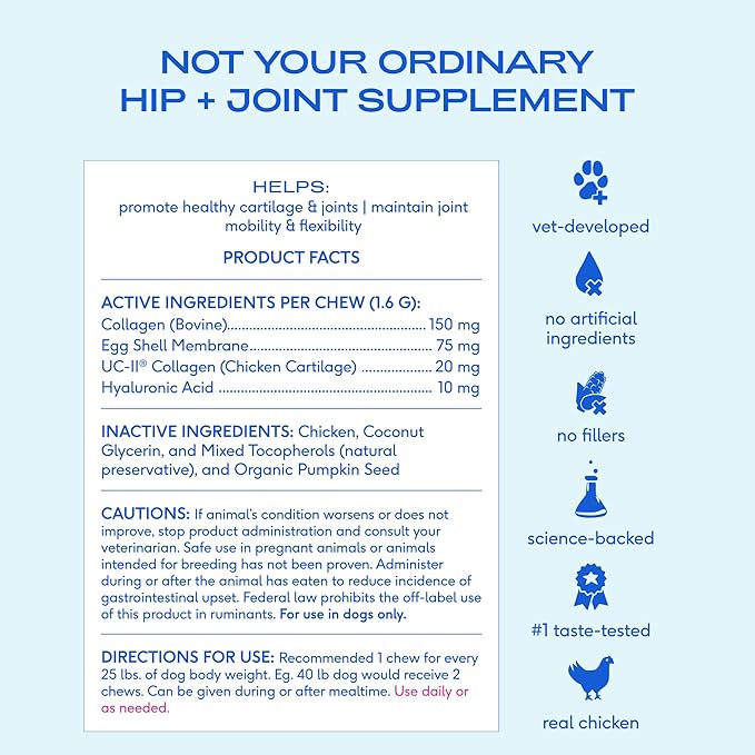 Native Pet Hip & Joint Supplement for Dogs - Advanced Dog Joint & Arthritis Supplement - Helps Maintain Healthy Cartilage, Joint Flexibility, Lubrication, & Function - with ESM & Collagen - 60 Chews