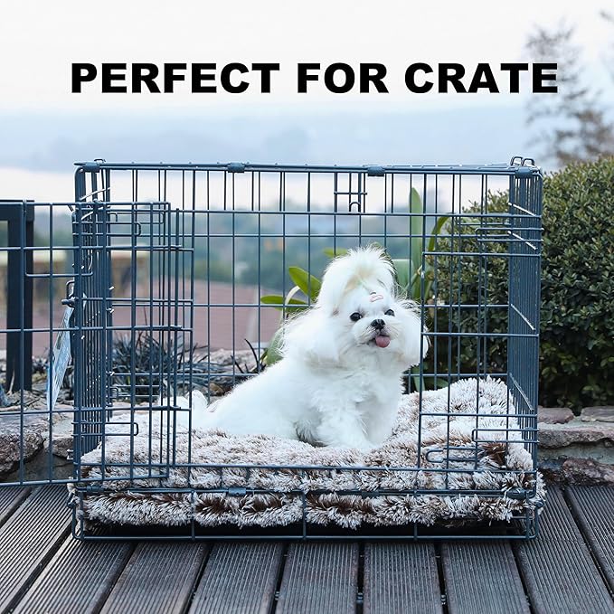Bedfolks Waterproof Dog Crate Bed, Plush Dog Kennel Pad with Removable Washable Cover, Faux Fur, 17"x12", Brown